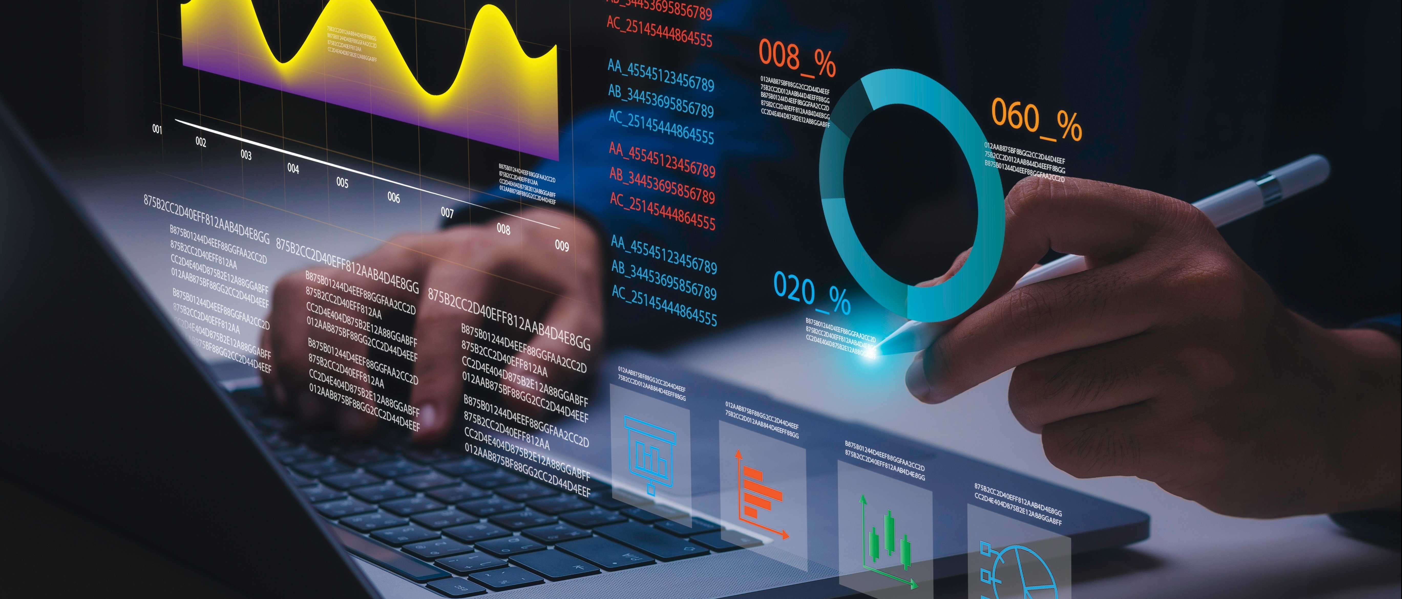 Hands typing on a laptop, surrounded by digital graphs and data visuals.